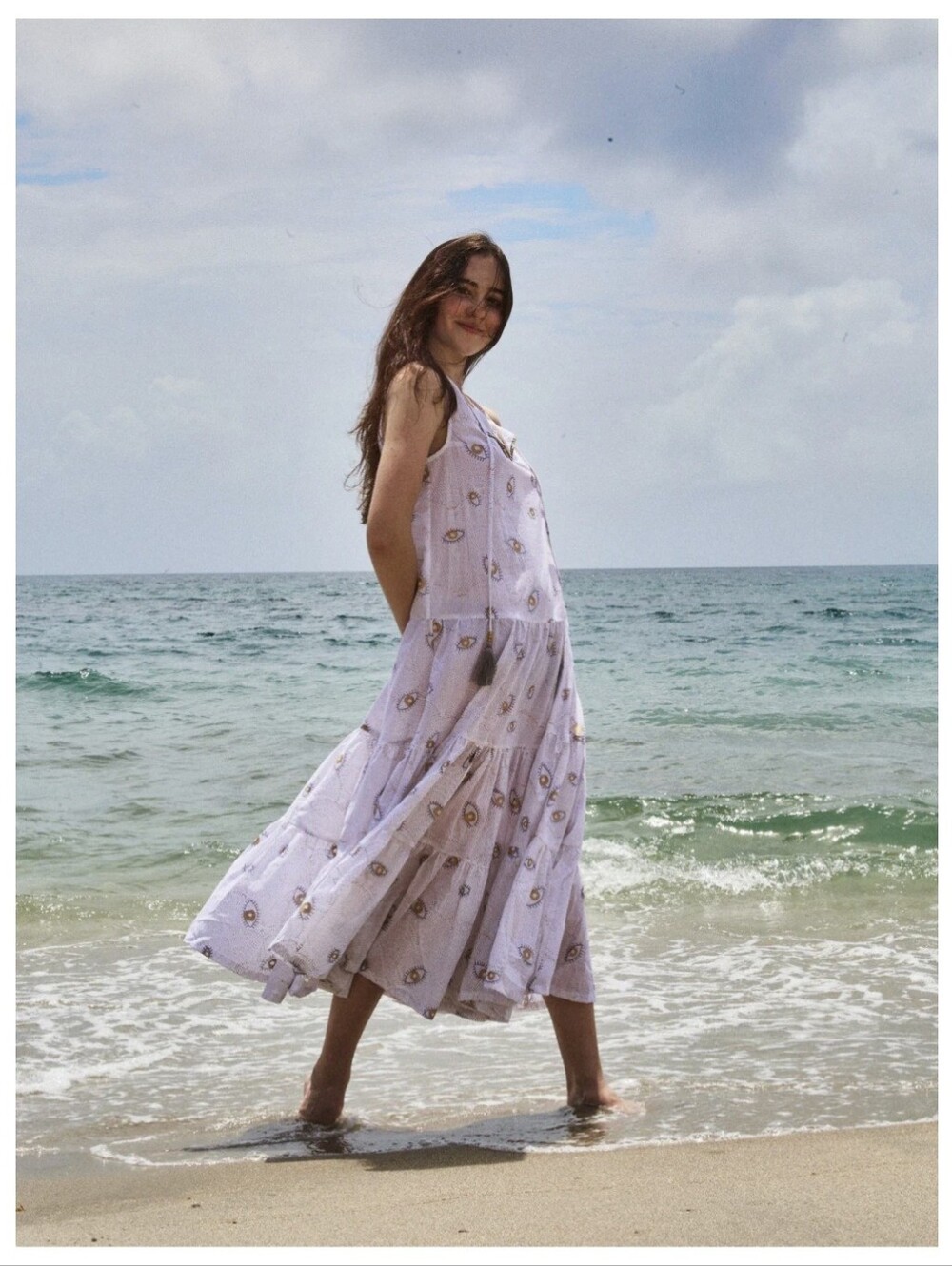 NEW Pick Happy Palm Beach Relax Long Dress with Tassels Evil Eye White Gold Sz L